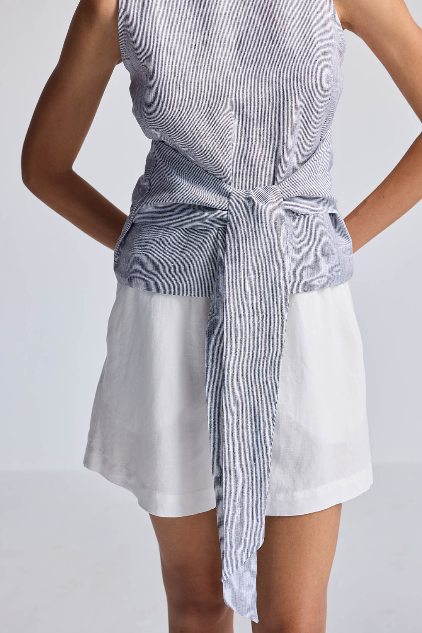 Pin-Striped 100% Linen Front-Tie Top | XS-3XL