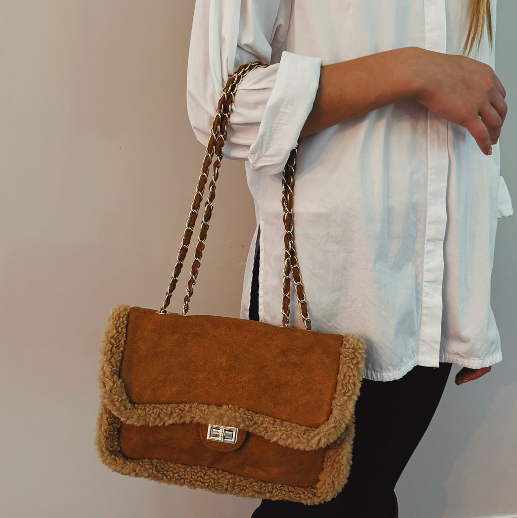 Plush Chain Shoulder Bag | Crossbody | Gold Hardware | Teddy Brown & Creamy Caramel