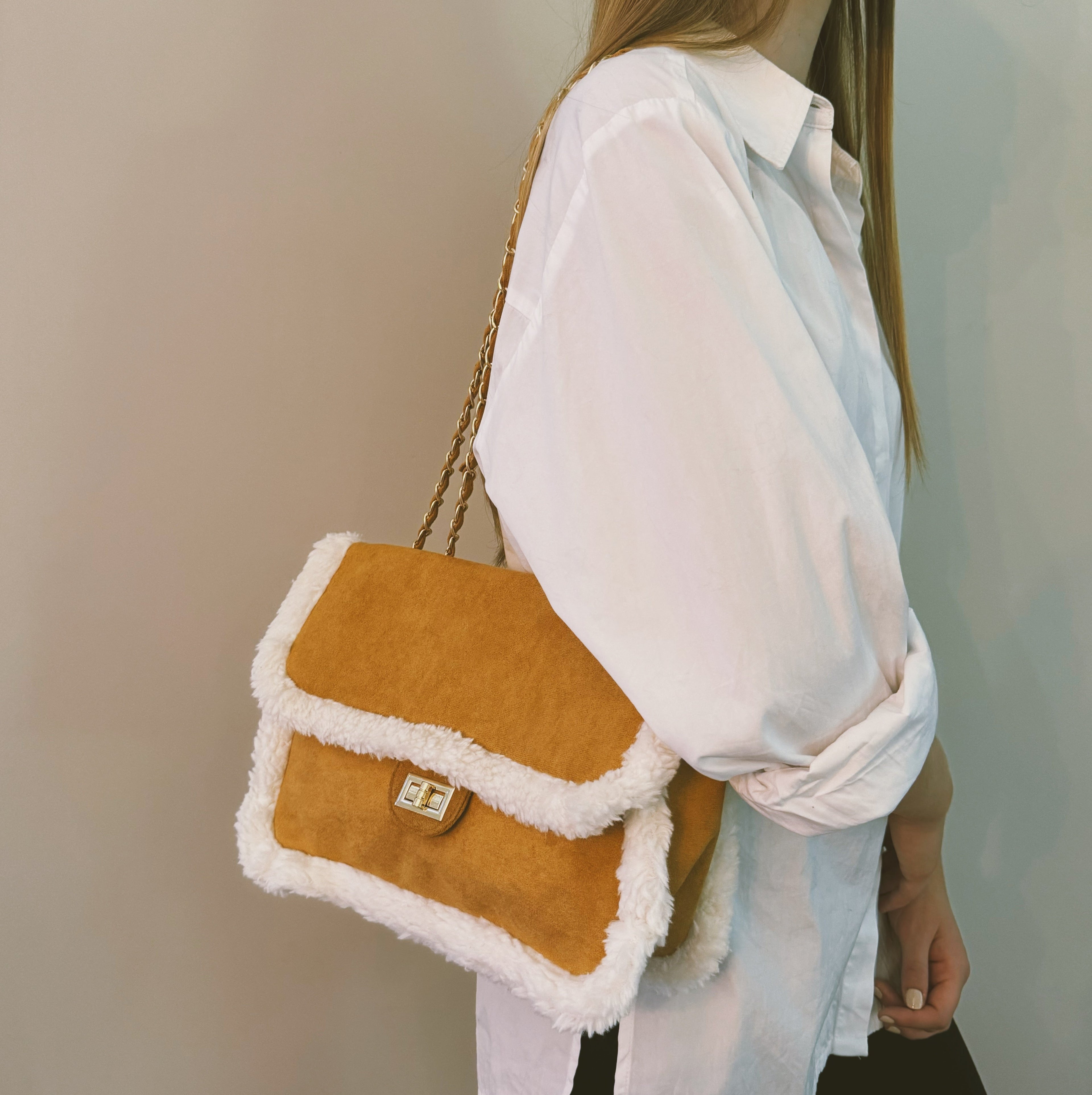 Plush Chain Shoulder Bag | Crossbody | Gold Hardware | Teddy Brown & Creamy Caramel