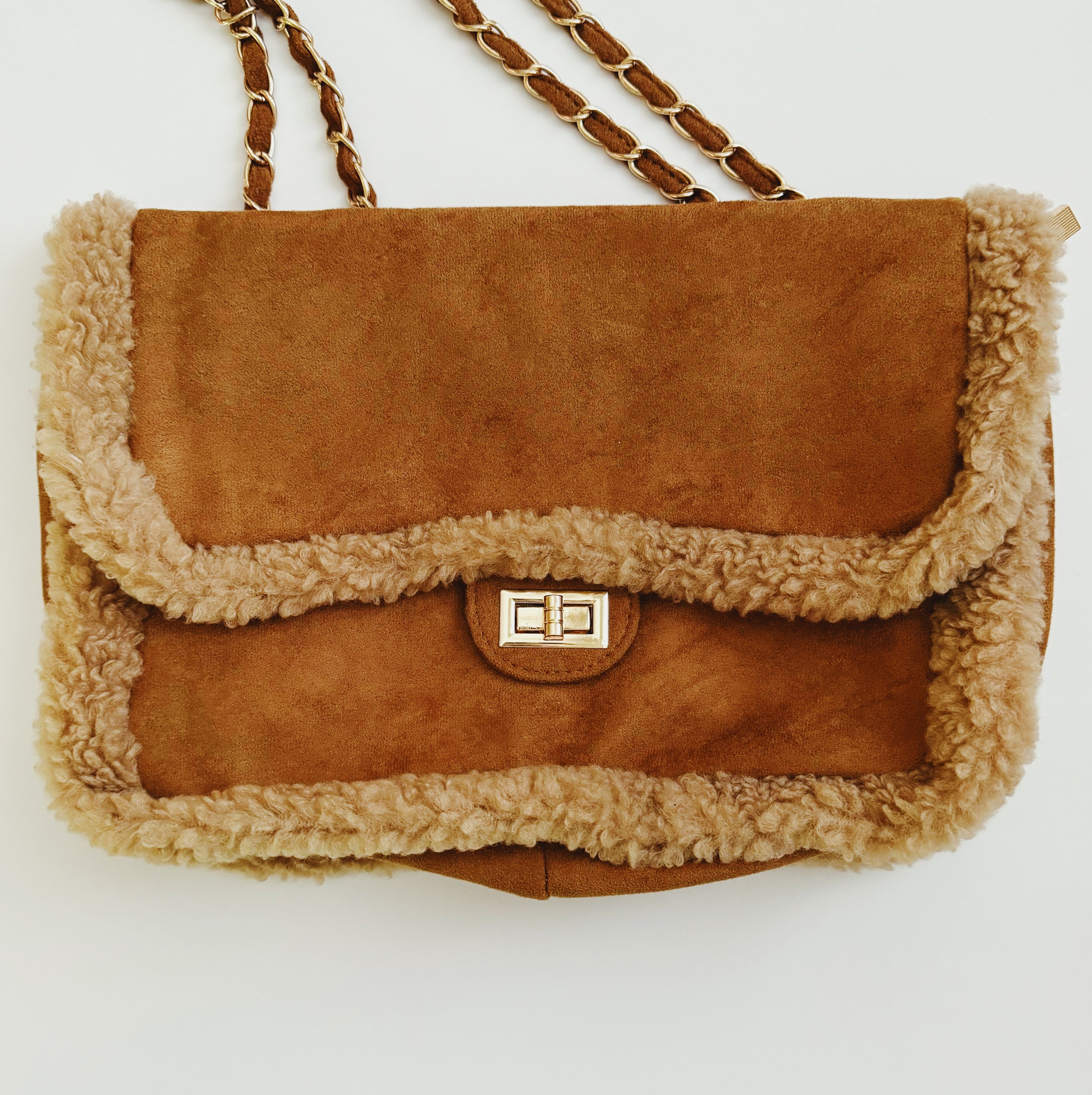 Plush Chain Shoulder Bag | Crossbody | Gold Hardware | Teddy Brown & Creamy Caramel