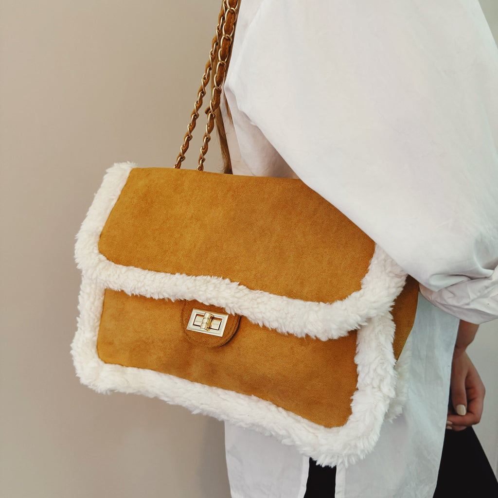 Plush Chain Shoulder Bag | Crossbody | Gold Hardware | Teddy Brown & Creamy Caramel