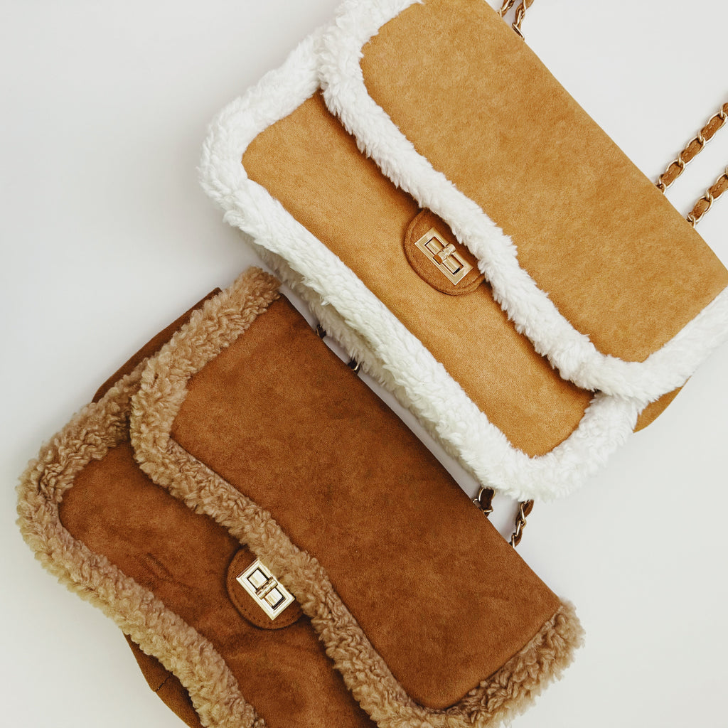 Plush Chain Shoulder Bag | Crossbody | Gold Hardware | Teddy Brown & Creamy Caramel