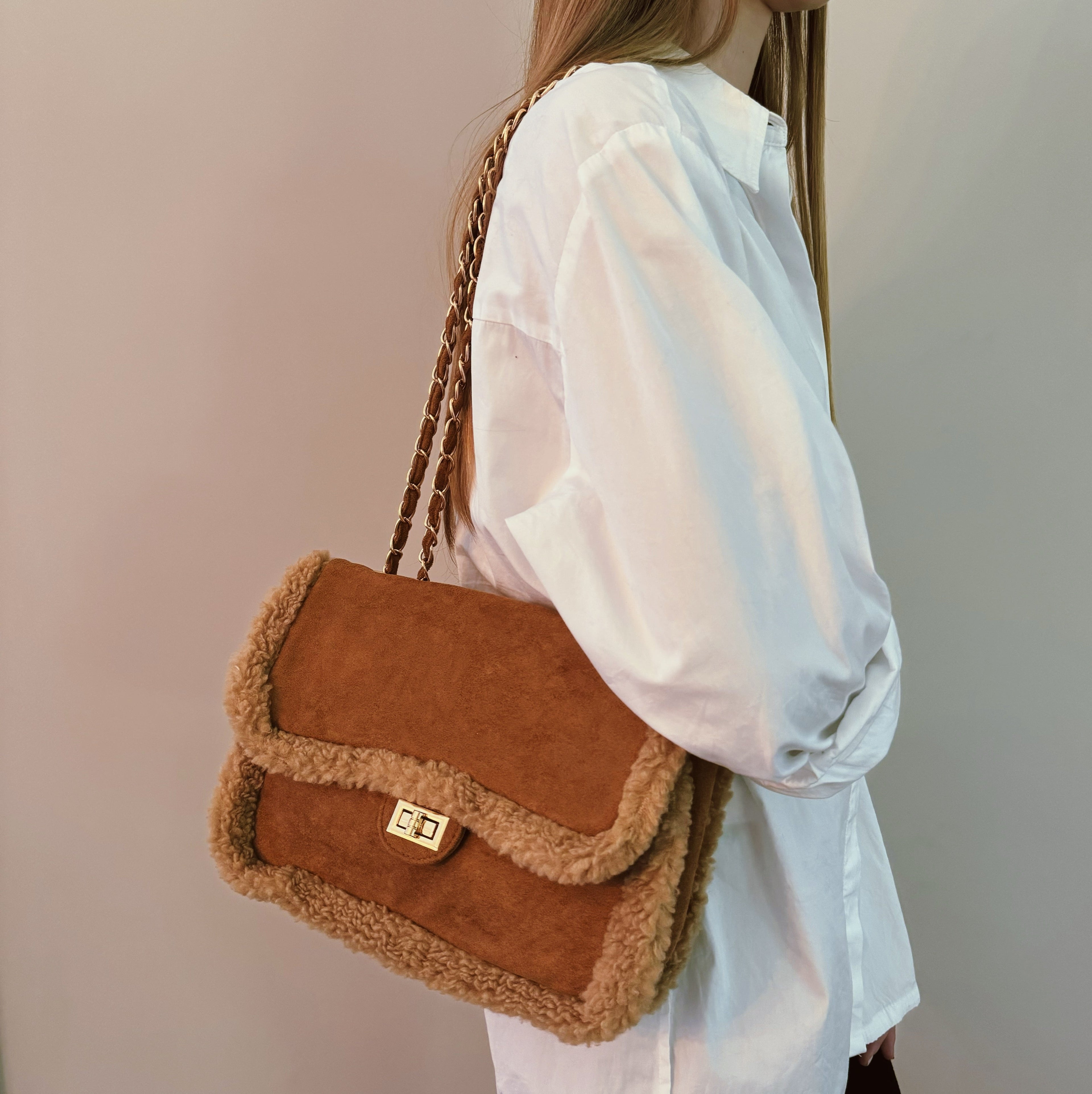 Plush Chain Shoulder Bag | Crossbody | Gold Hardware | Teddy Brown & Creamy Caramel