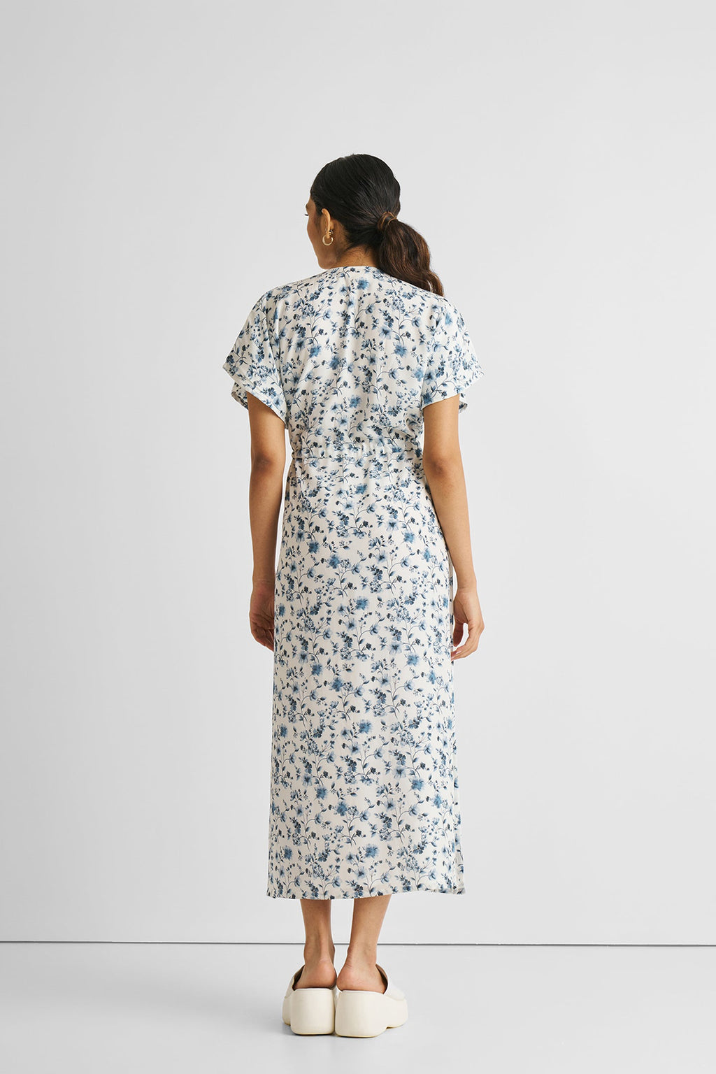 Gathered Maxi Dress in Blue Florals | 100% Bemberg™ Crepe | Wisteria Whimsy | Drawstring Waist | Side Slit | Pockets | XS–3XL | Reistor