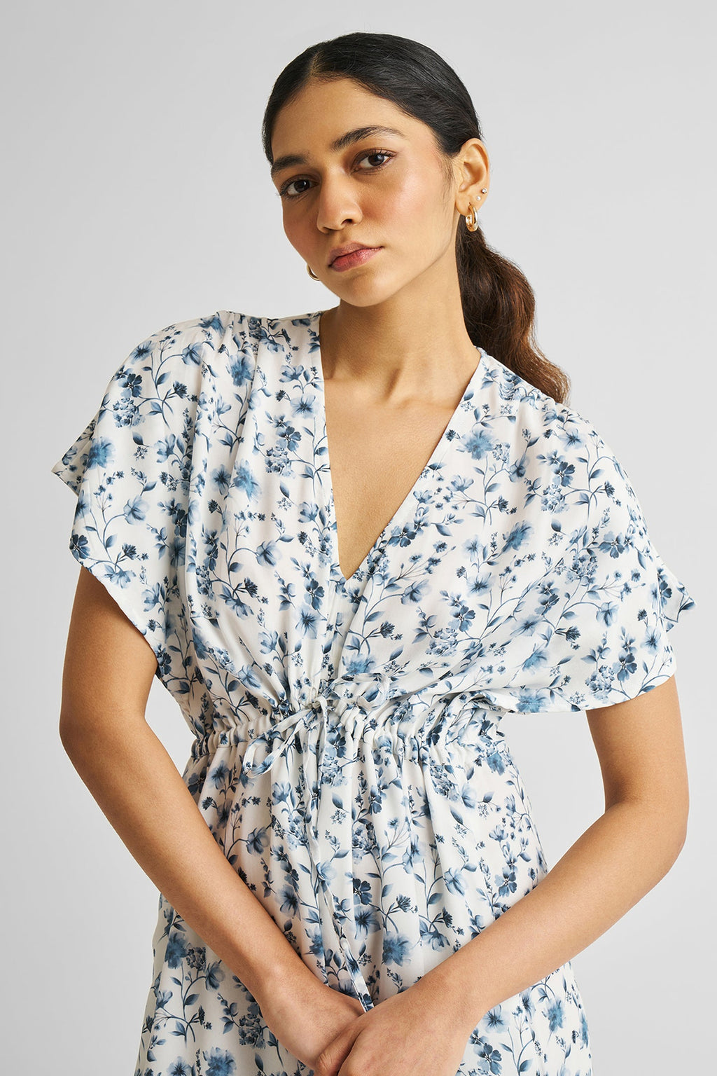 Gathered Maxi Dress in Blue Florals | 100% Bemberg™ Crepe | Wisteria Whimsy | Drawstring Waist | Side Slit | Pockets | XS–3XL | Reistor