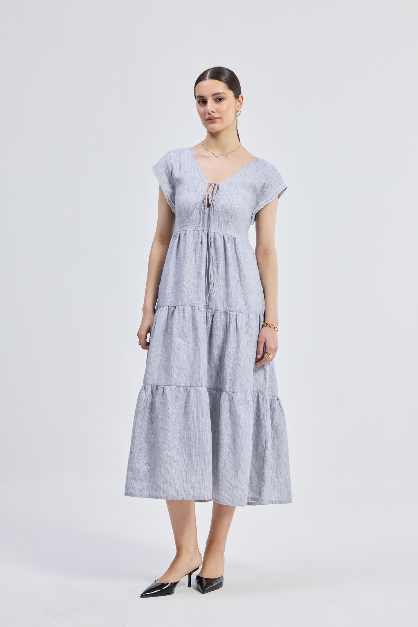 Pin-Stripe Linen Maxi Tiered Dress