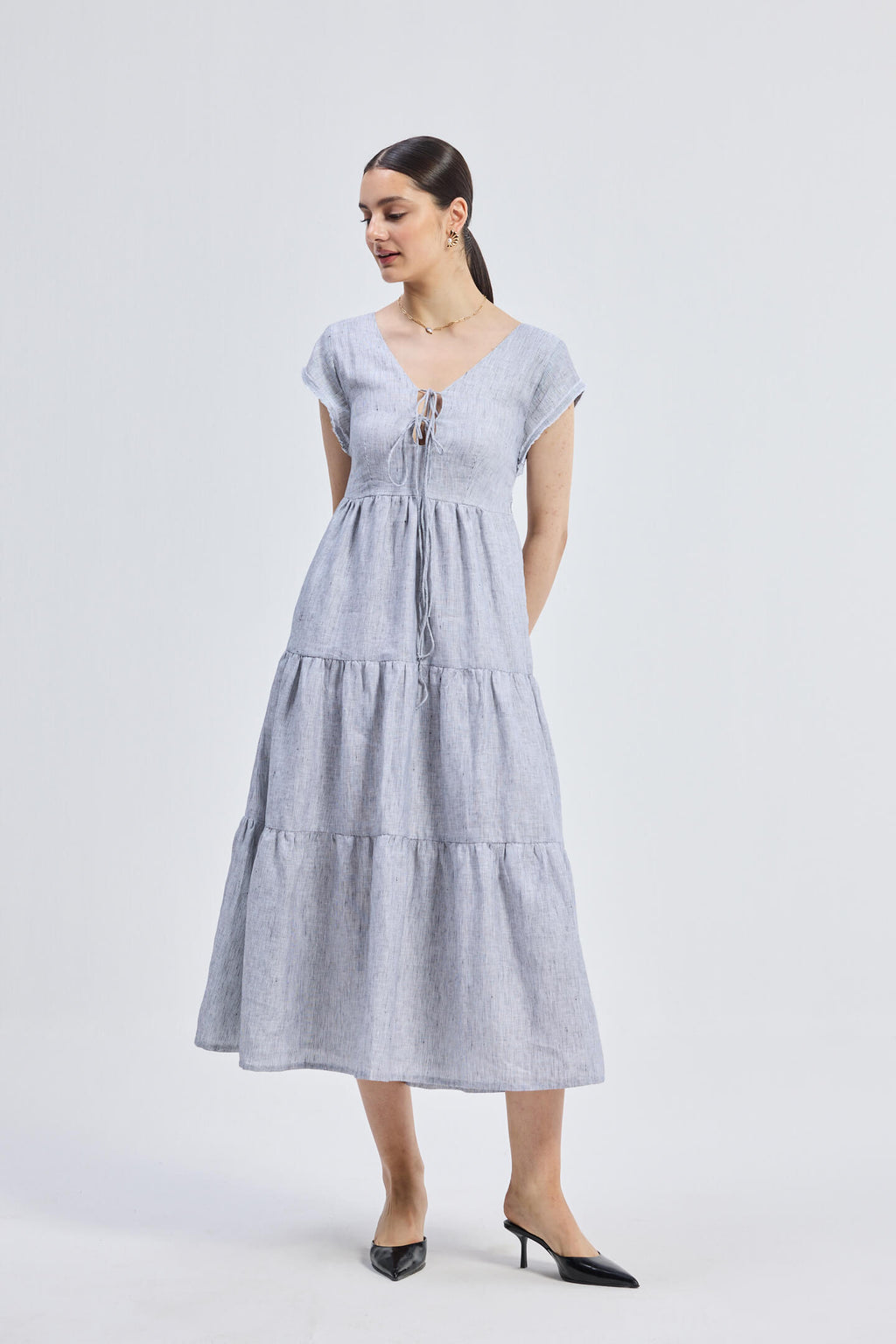 Pin-Stripe Linen Maxi Tiered Dress