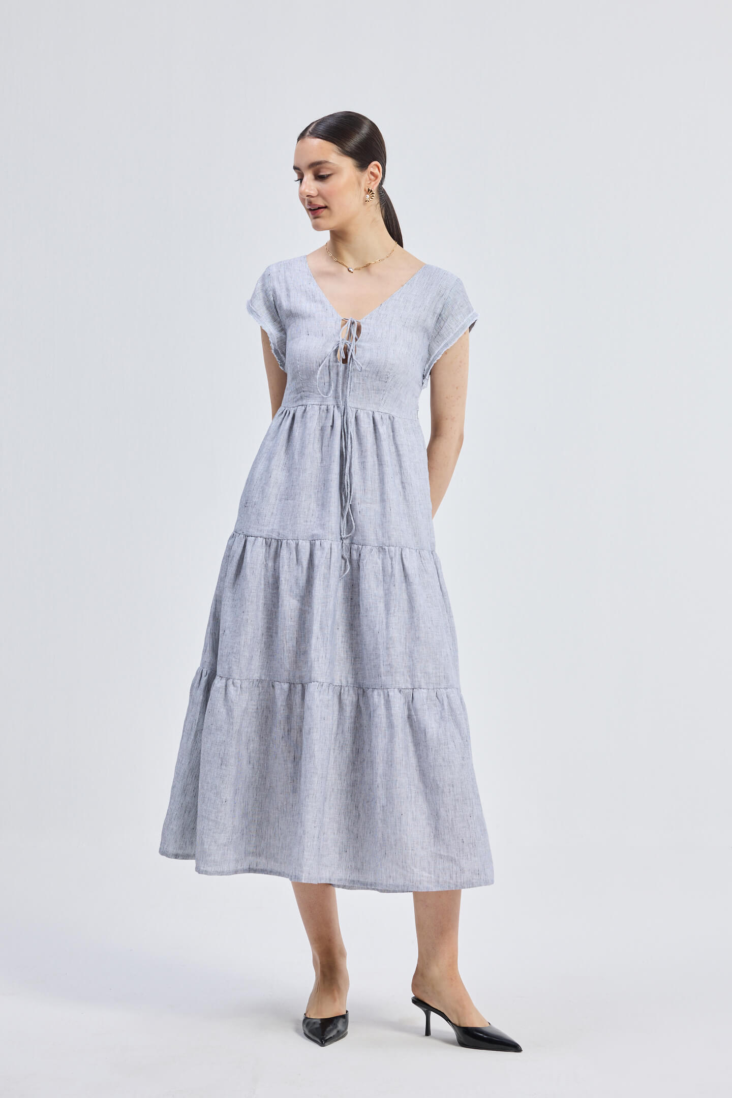 Pin-Stripe Linen Maxi Tiered Dress