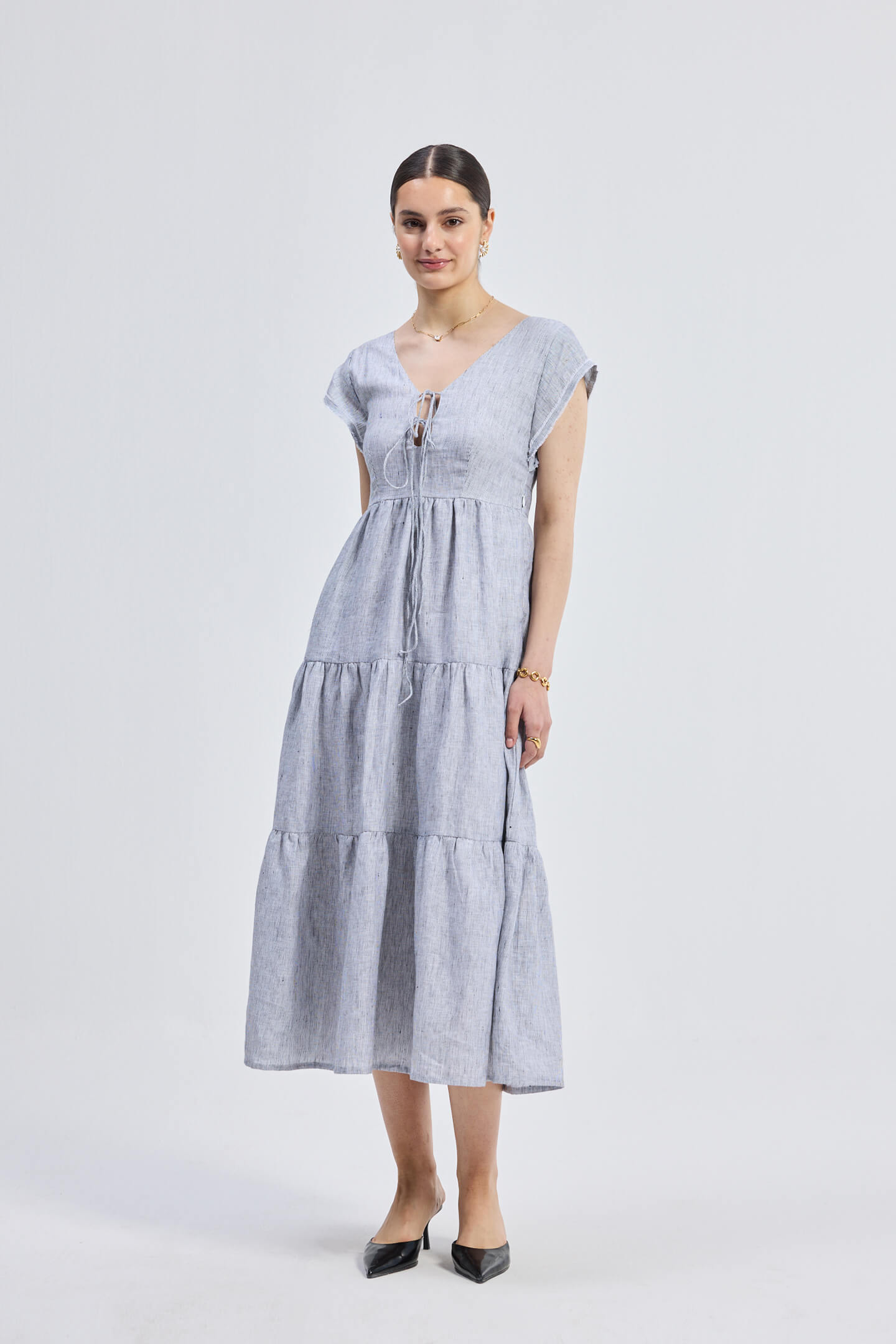 Pin-Stripe Linen Maxi Tiered Dress