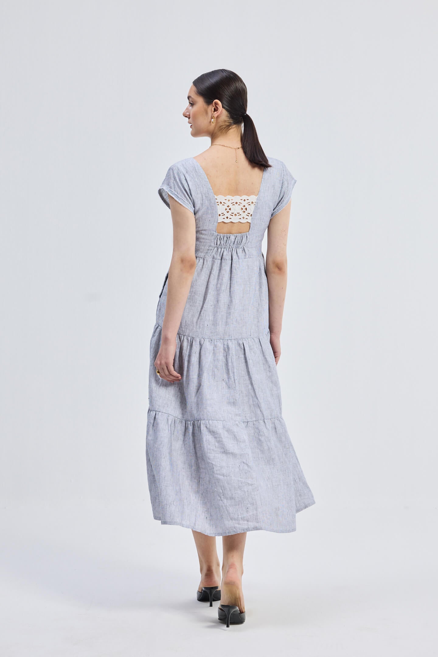 Pin-Stripe Linen Maxi Tiered Dress