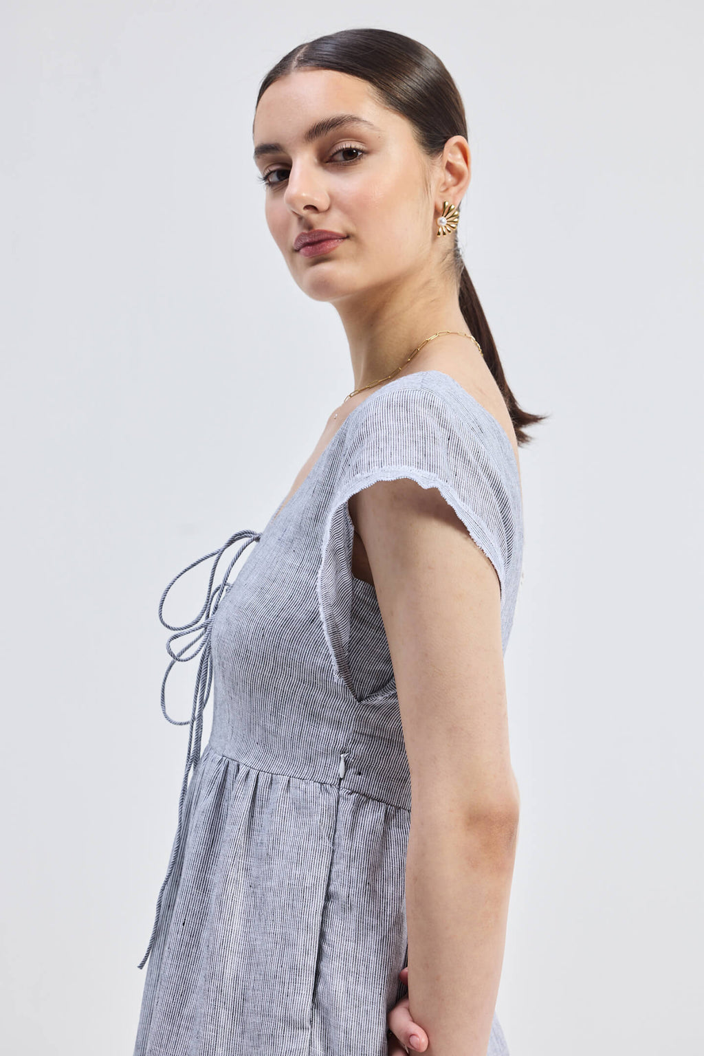 Pin-Stripe Linen Maxi Tiered Dress