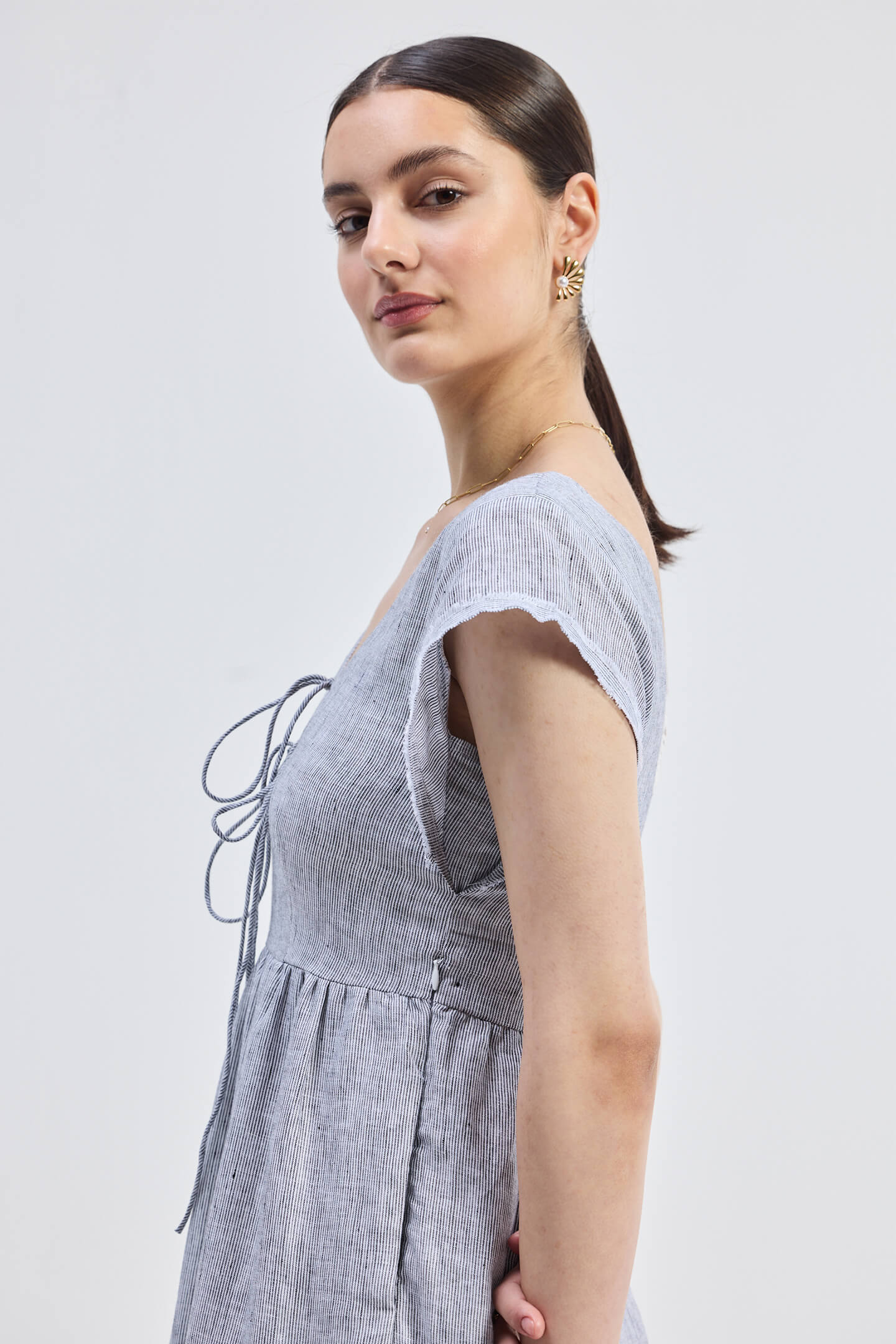 Pin-Stripe Linen Maxi Tiered Dress