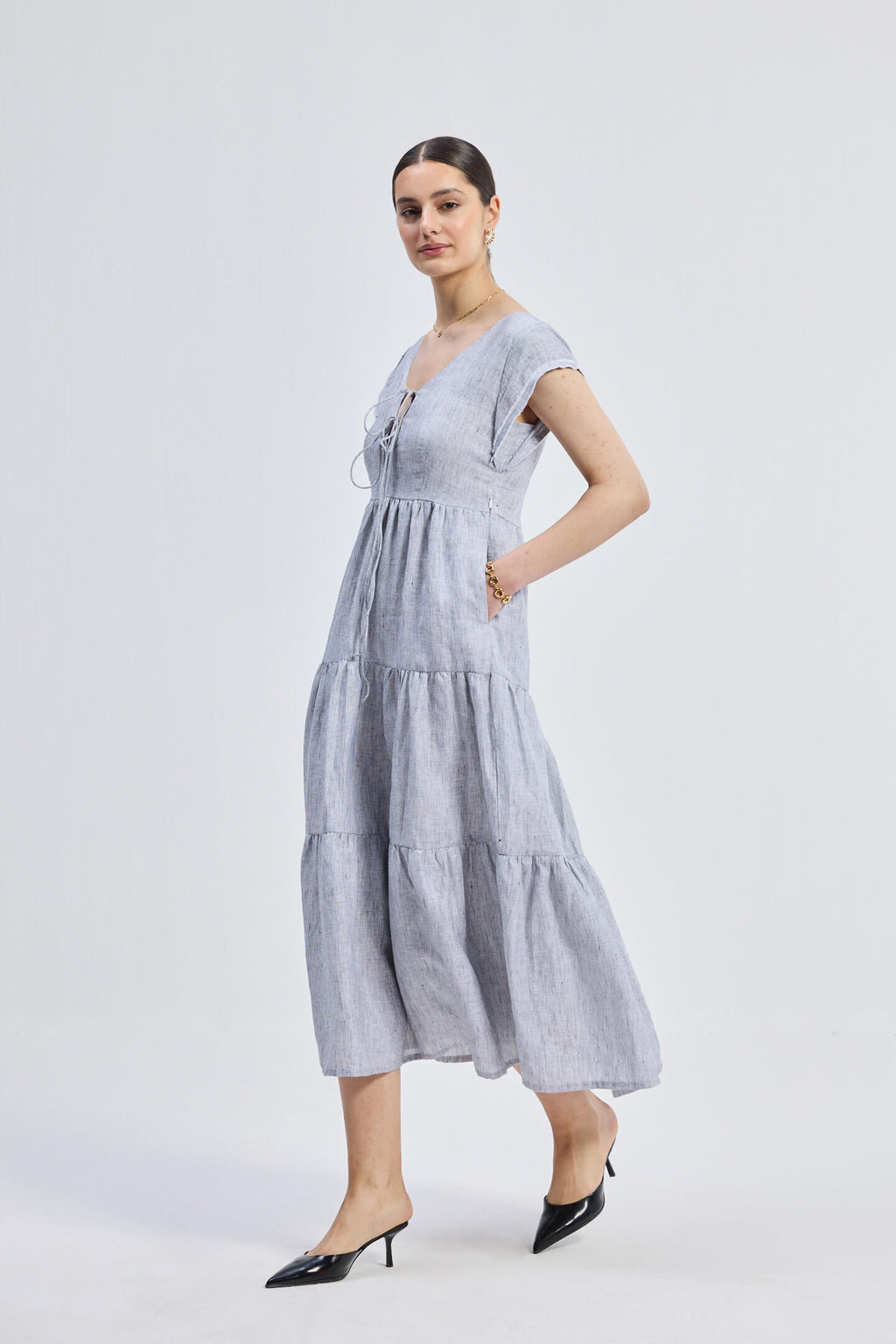 Pin-Stripe Linen Maxi Tiered Dress