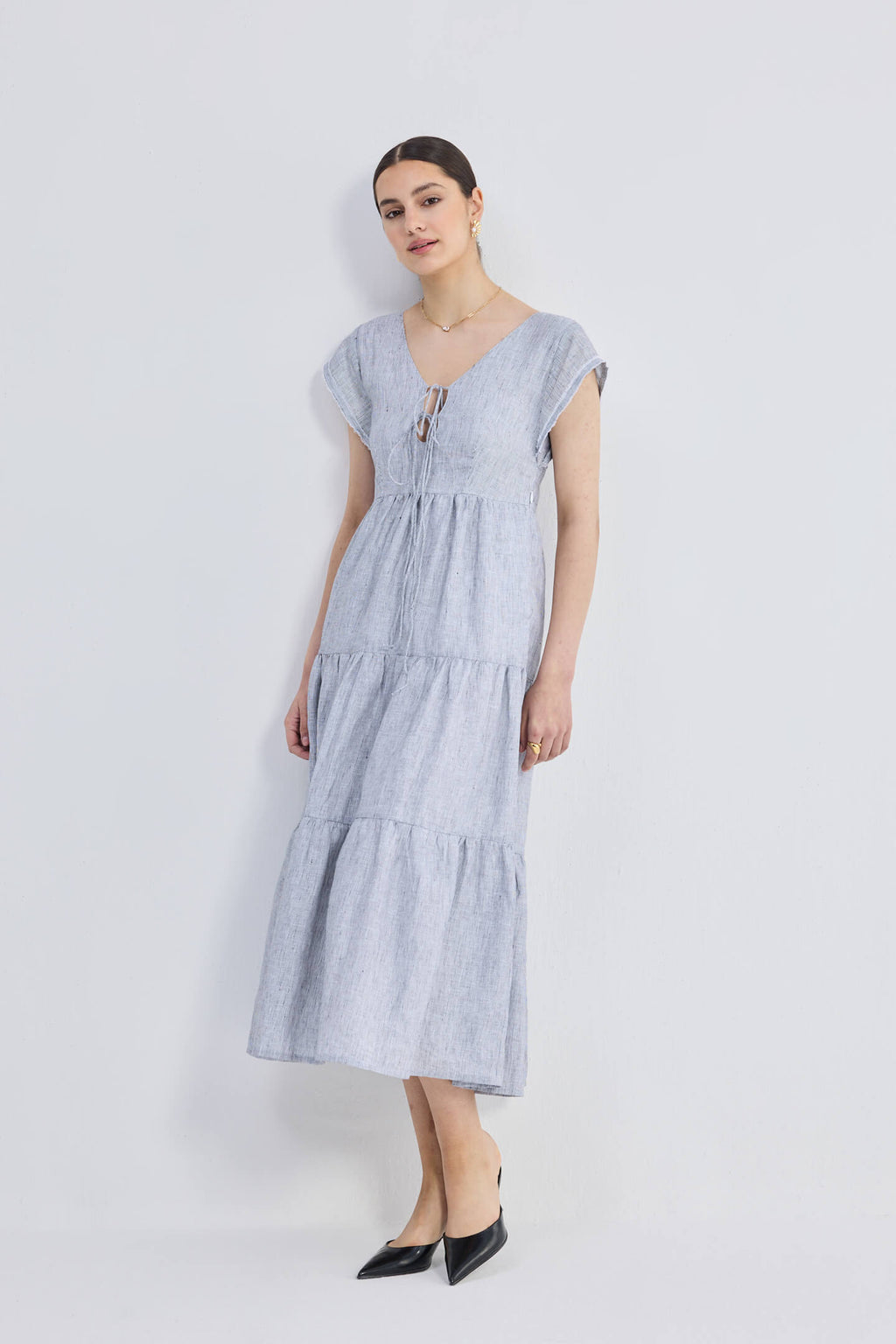 Pin-Stripe Linen Maxi Tiered Dress