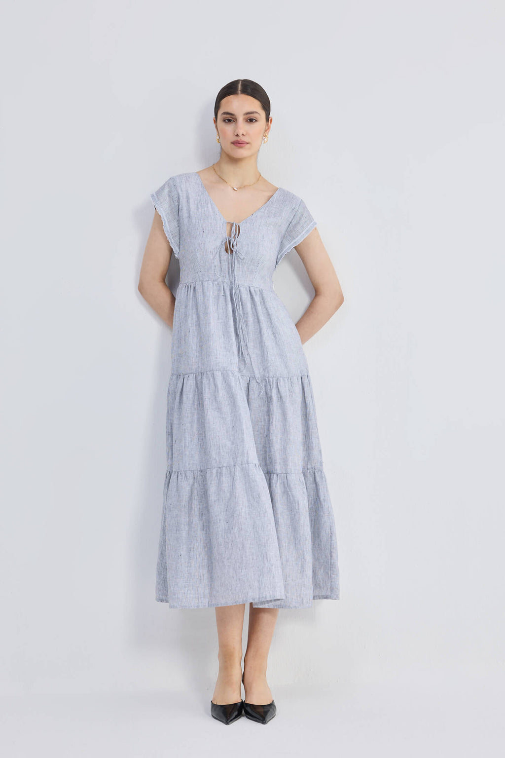 Pin-Stripe Linen Maxi Tiered Dress