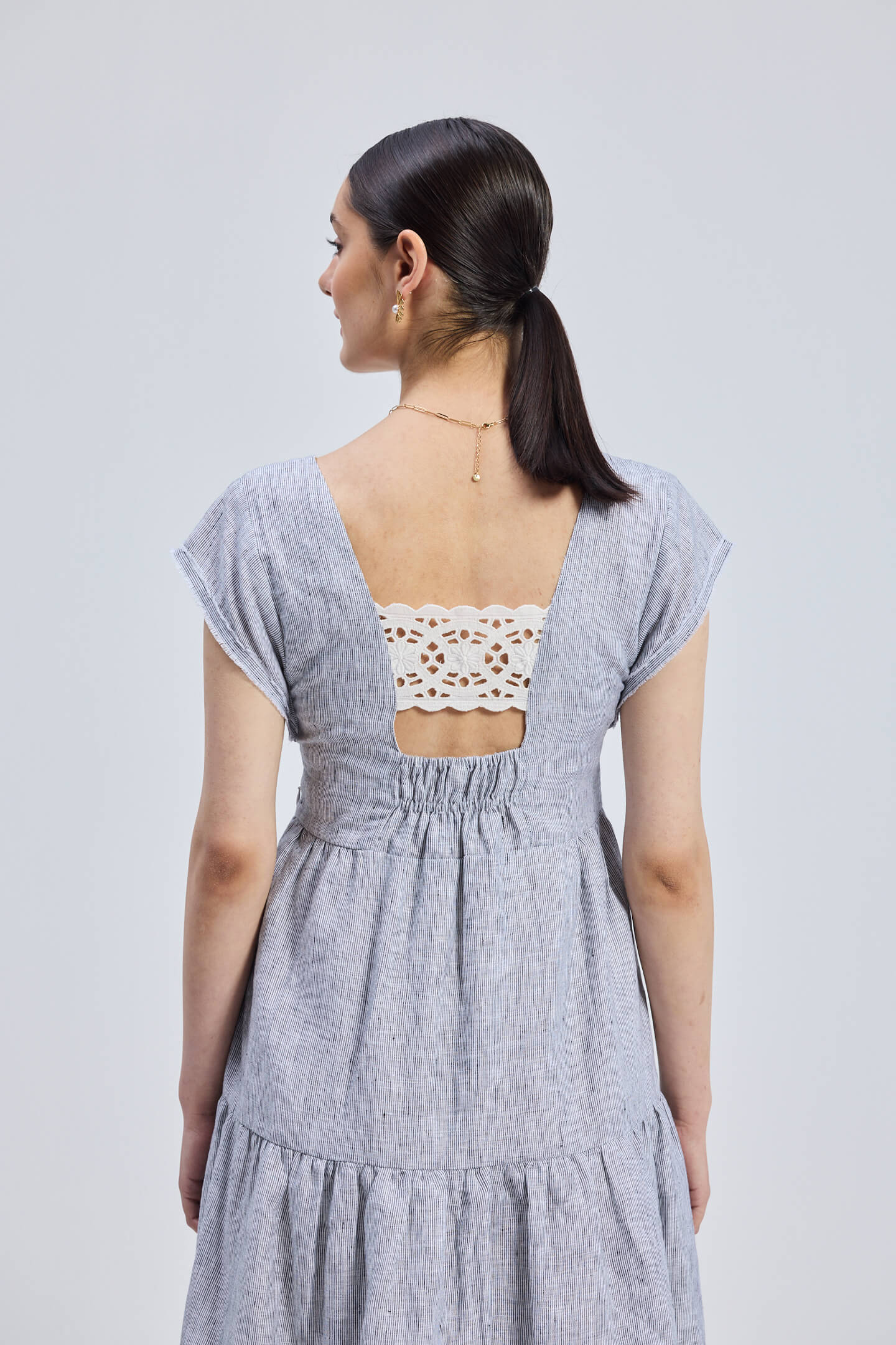 Pin-Stripe Linen Maxi Tiered Dress