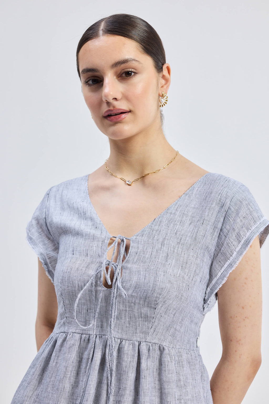 Pin-Stripe Linen Maxi Tiered Dress