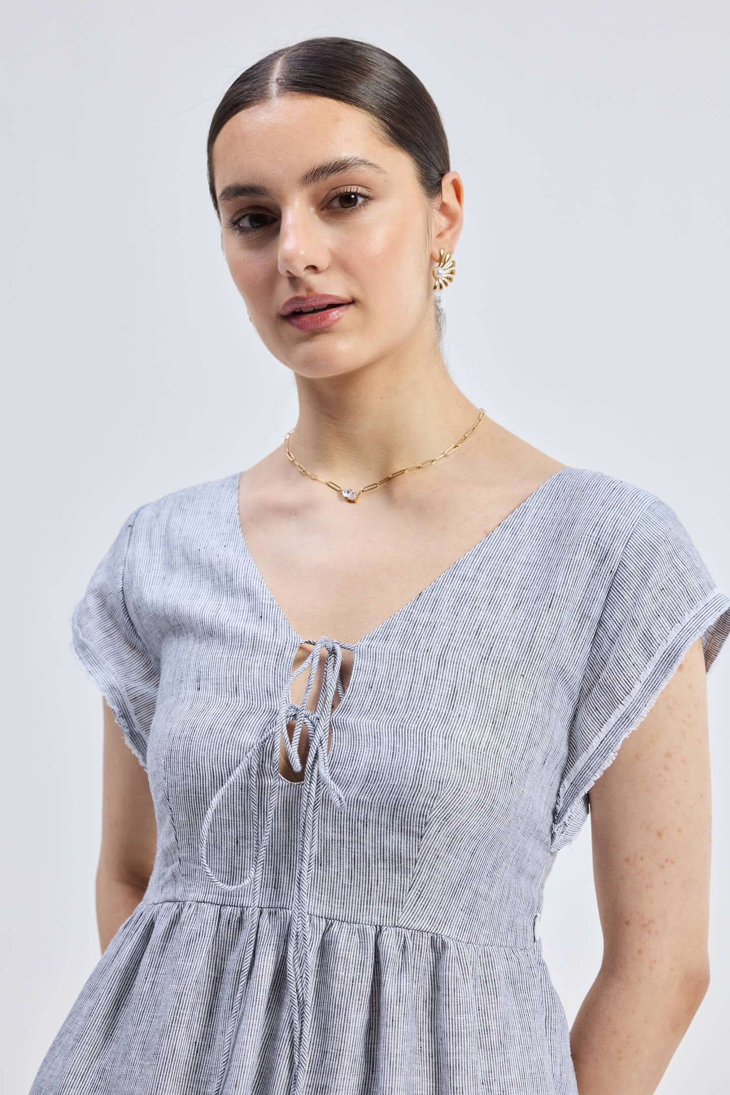 Pin-Stripe Linen Maxi Tiered Dress