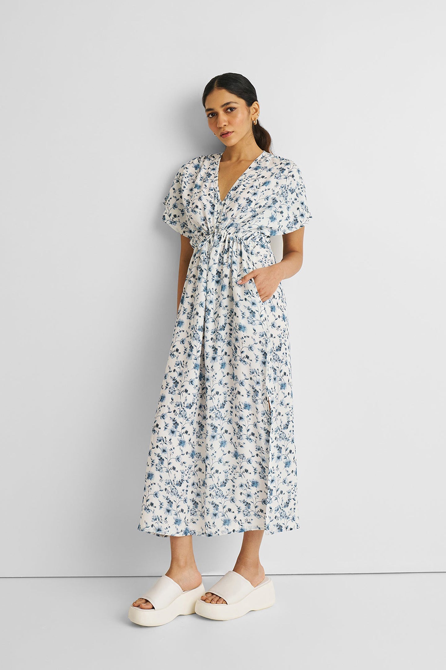 Gathered Maxi Dress in Blue Florals | 100% Bemberg™ Crepe | Wisteria Whimsy | Drawstring Waist | Side Slit | Pockets | XS–3XL | Reistor