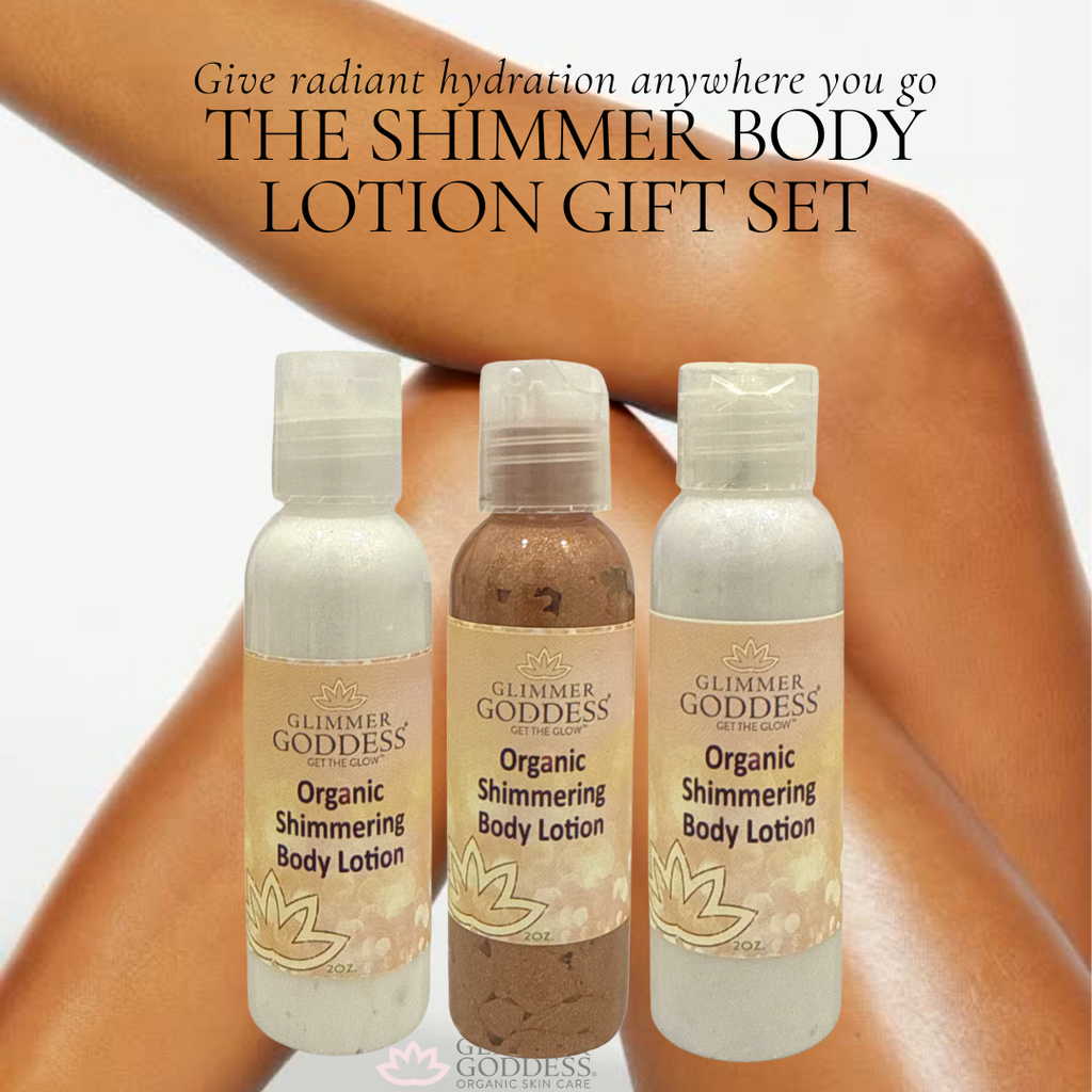 Organic Shimmer Body Lotion Travel Gift Set | Bronze, Gold & Diamond | Shea & Aloe | Glimmer Goddess