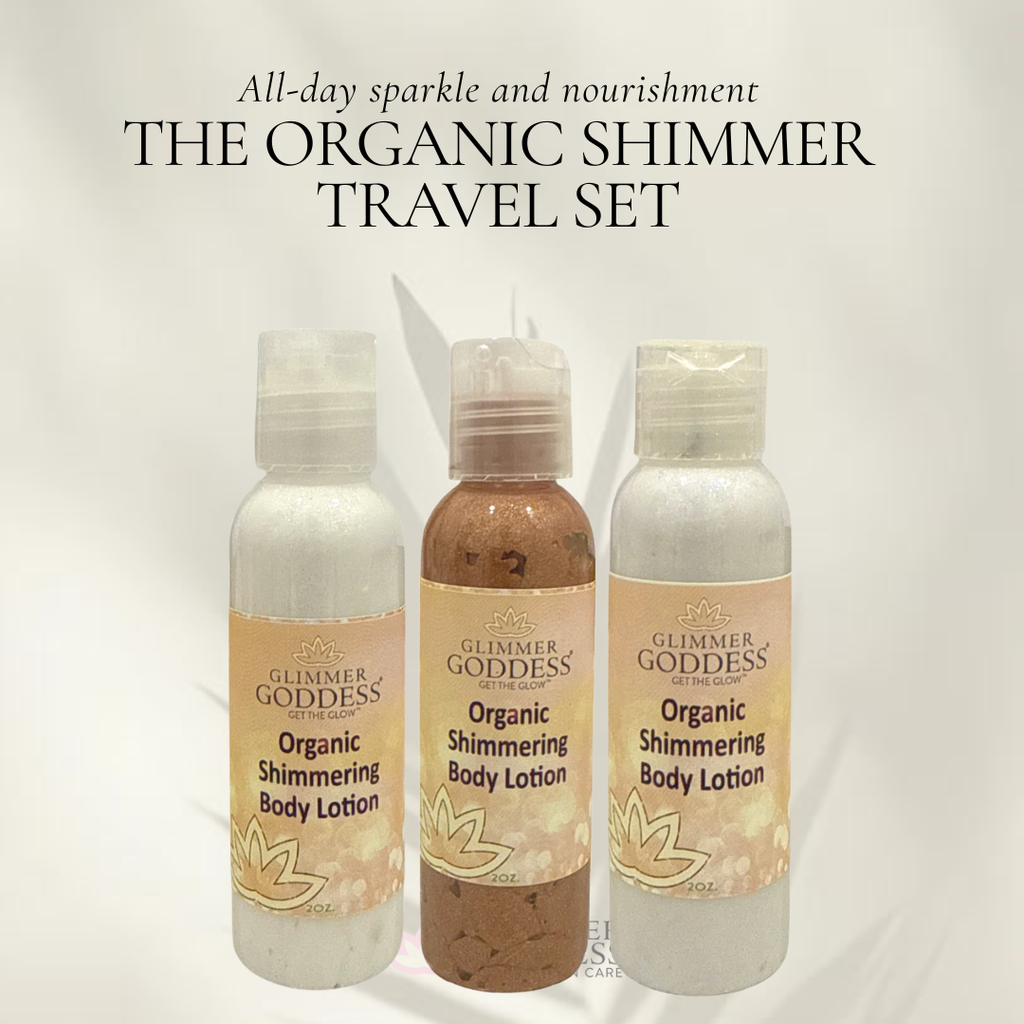 Organic Shimmer Body Lotion Travel Gift Set | Bronze, Gold & Diamond | Shea & Aloe | Glimmer Goddess