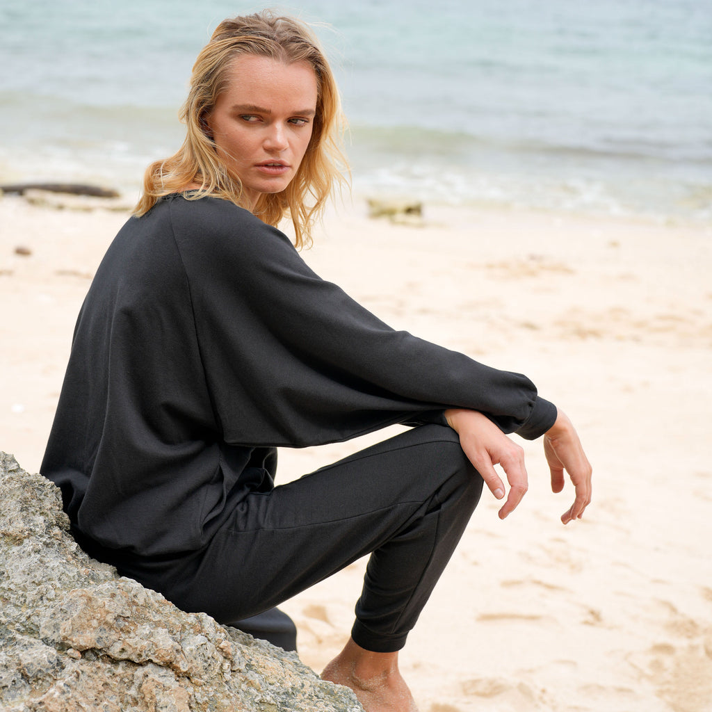 HALEY Bamboo Fleece Sweater in Black | Oversized Crewneck | BrunnaCo