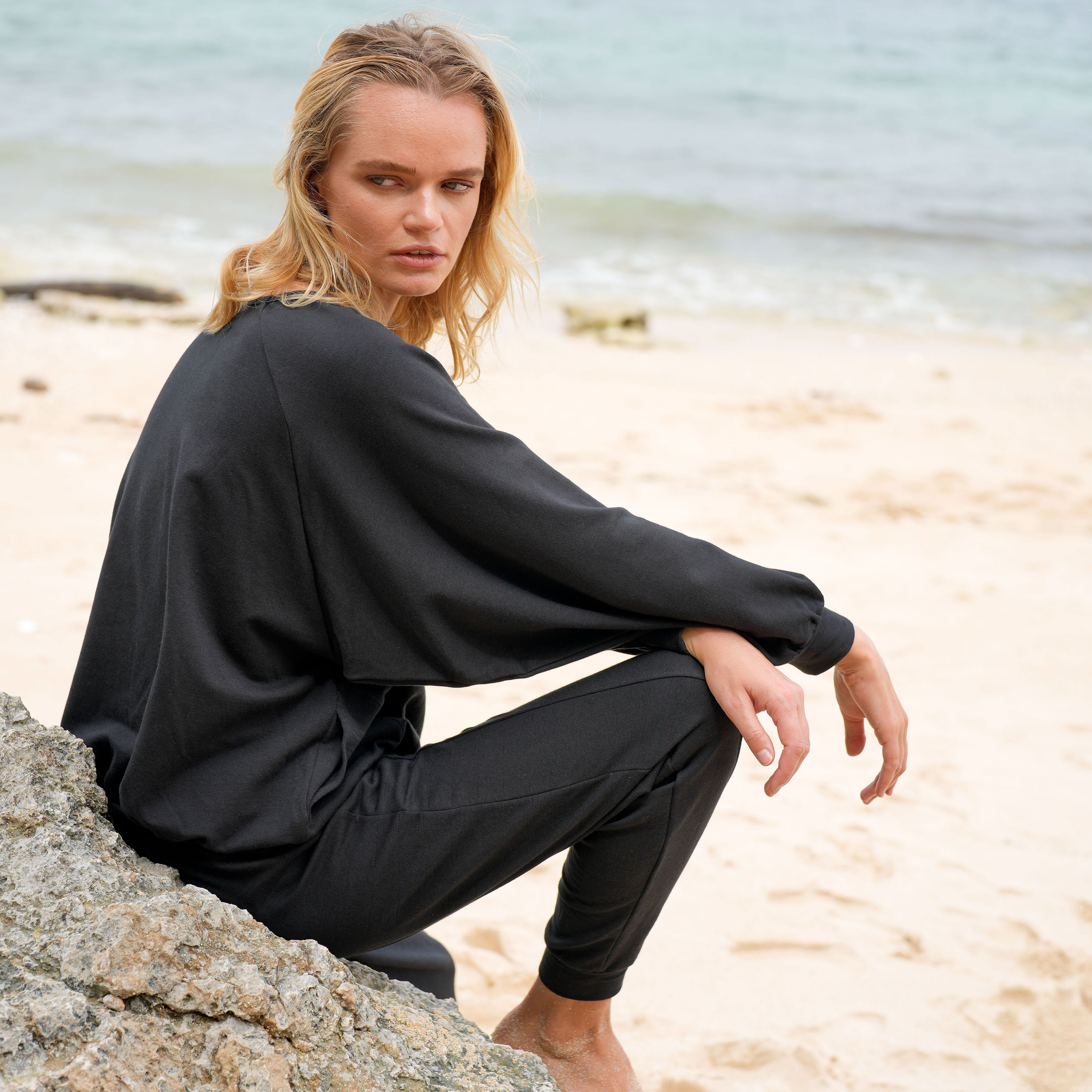 HALEY Bamboo Fleece Sweater in Black | Oversized Crewneck | BrunnaCo