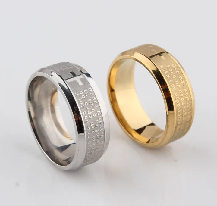 Bible Stainless Steel Ring Father Prayer Padre Nuestro Cross Rings 8mm
