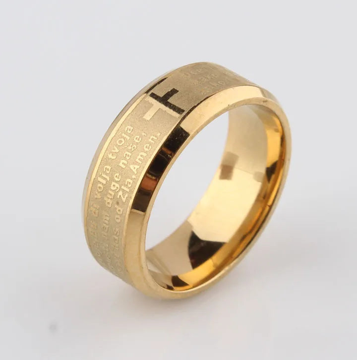 Bible Stainless Steel Ring Father Prayer Padre Nuestro Cross Rings 8mm