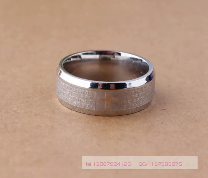 Bible Stainless Steel Ring Father Prayer Padre Nuestro Cross Rings 8mm
