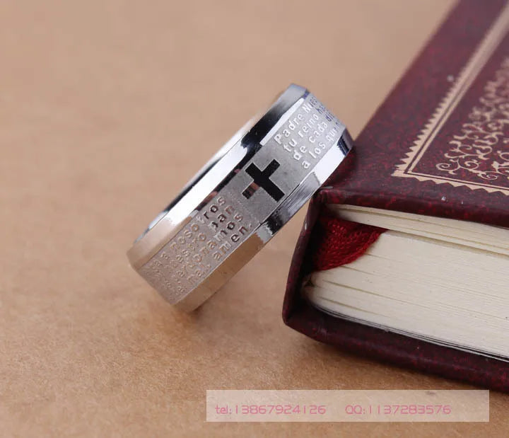 Bible Stainless Steel Ring Father Prayer Padre Nuestro Cross Rings 8mm