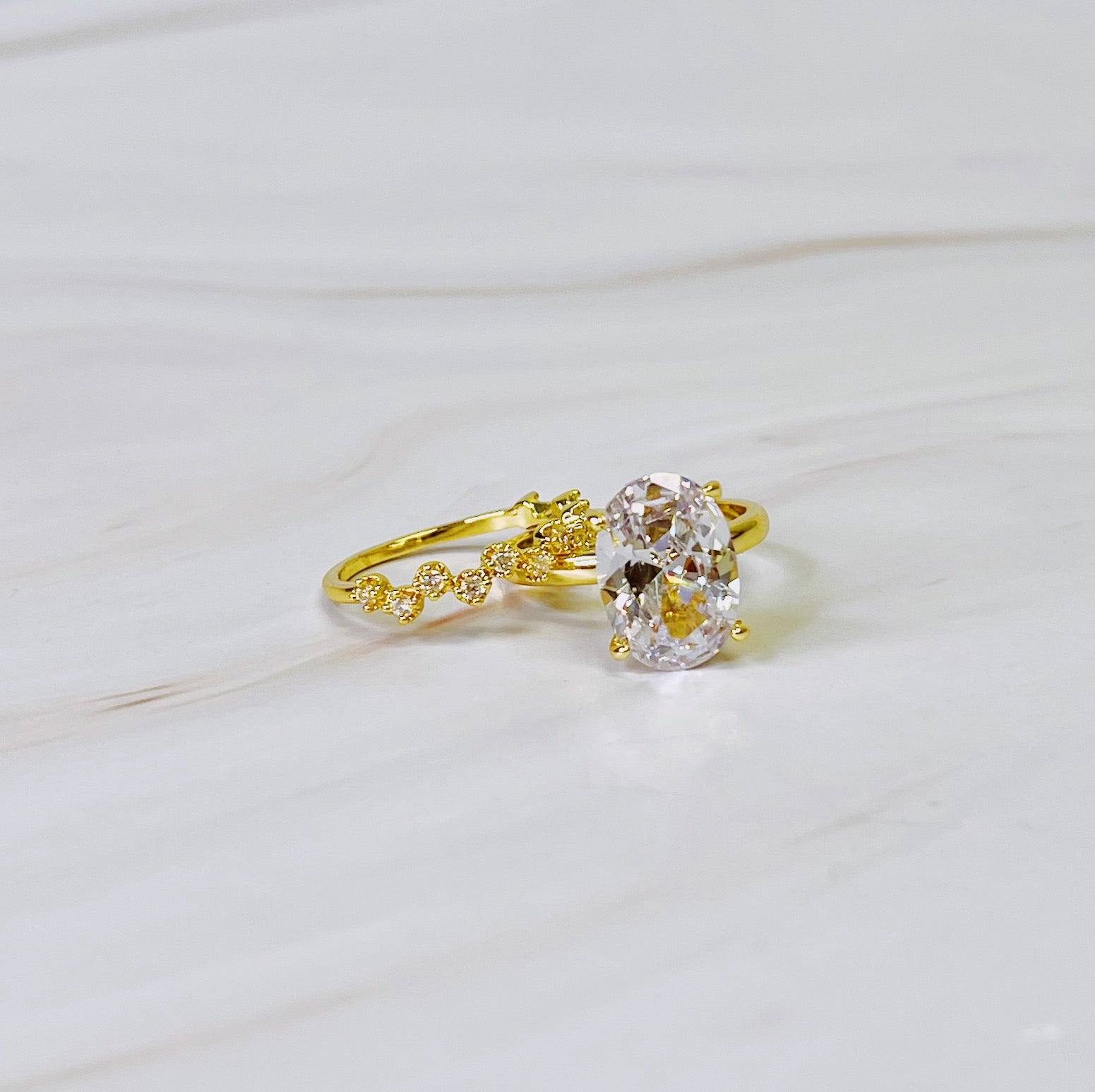 Oval Cut Solitaire Ring Set of 2 | 18K Gold Plated