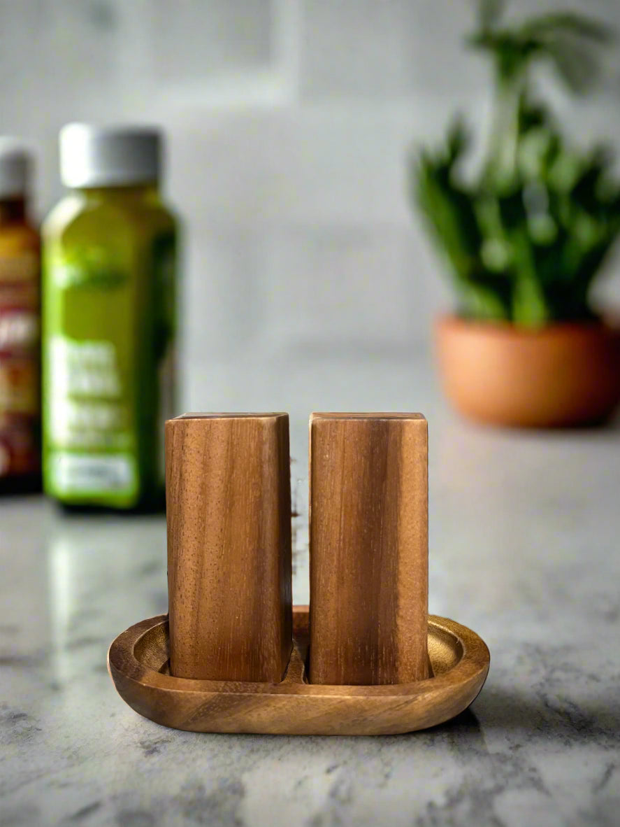 Acacia Wood Salt & Pepper Shakers with Wood Base | Handcrafted | Kalmar Home