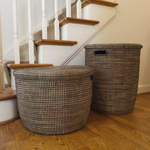 Black Flat Lid Floor Basket | Handwoven Millet Grass | Wolof Artisans | Senegal | Mbare by Powered by People