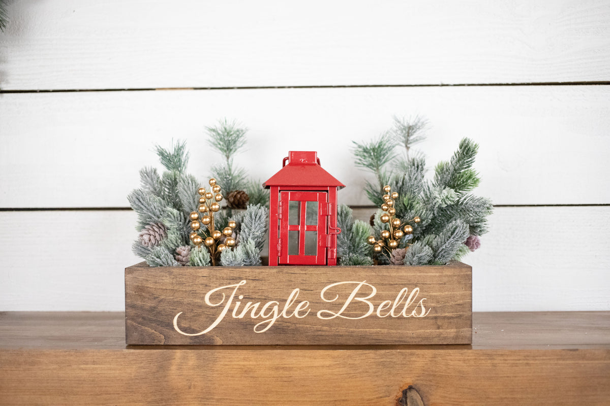 Jingle Bells Christmas Centerpiece, Engraved Wood Box with Christmas Greenery
