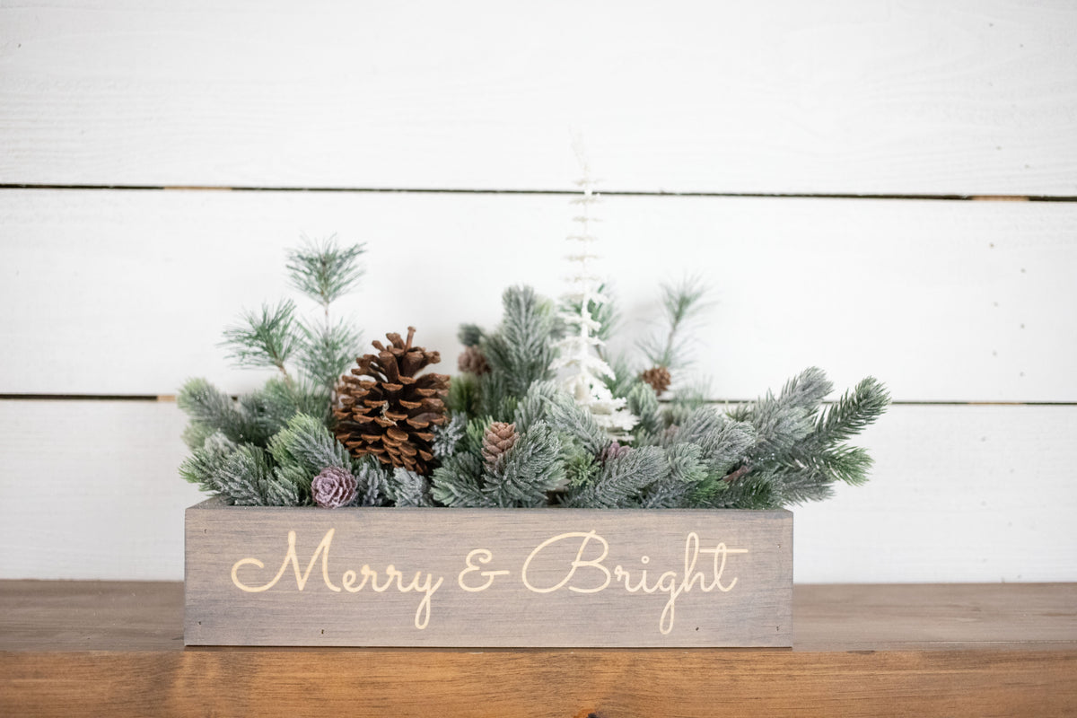 Jingle Bells Christmas Centerpiece, Engraved Wood Box with Christmas Greenery