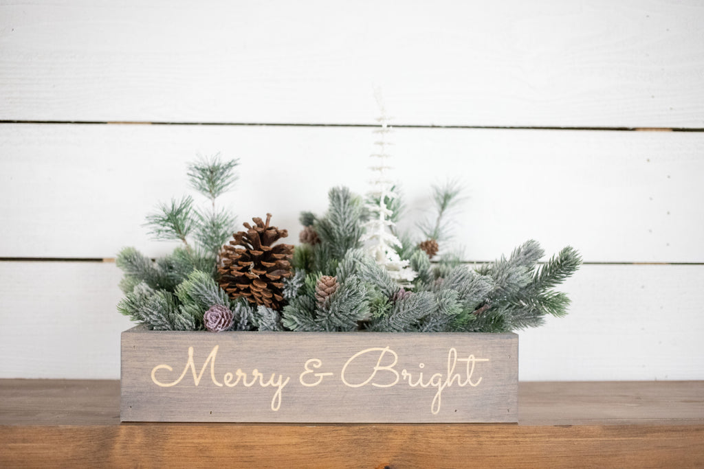 Merry + Bright Christmas Centerpiece, Engraved Wood Box with Christmas Greenery