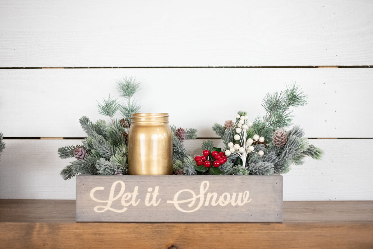 Jingle Bells Christmas Centerpiece, Engraved Wood Box with Christmas Greenery