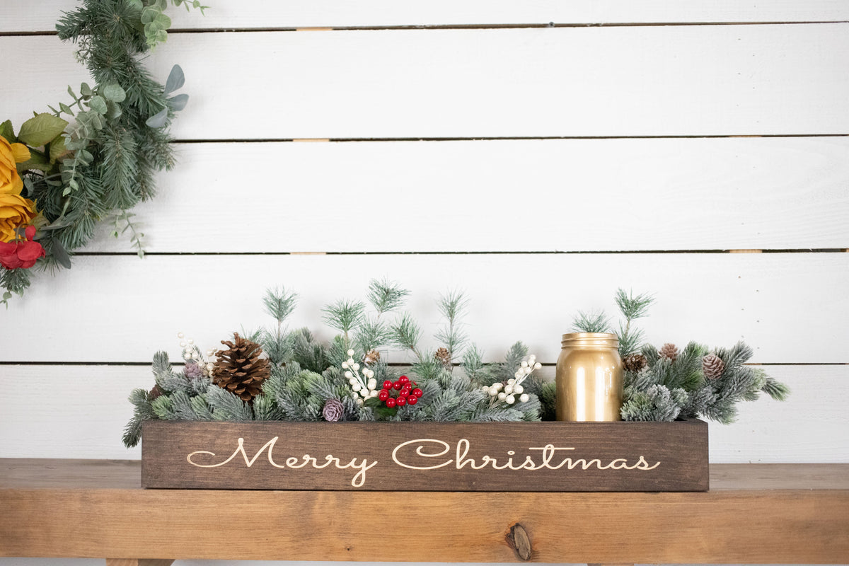 Jingle Bells Christmas Centerpiece, Engraved Wood Box with Christmas Greenery
