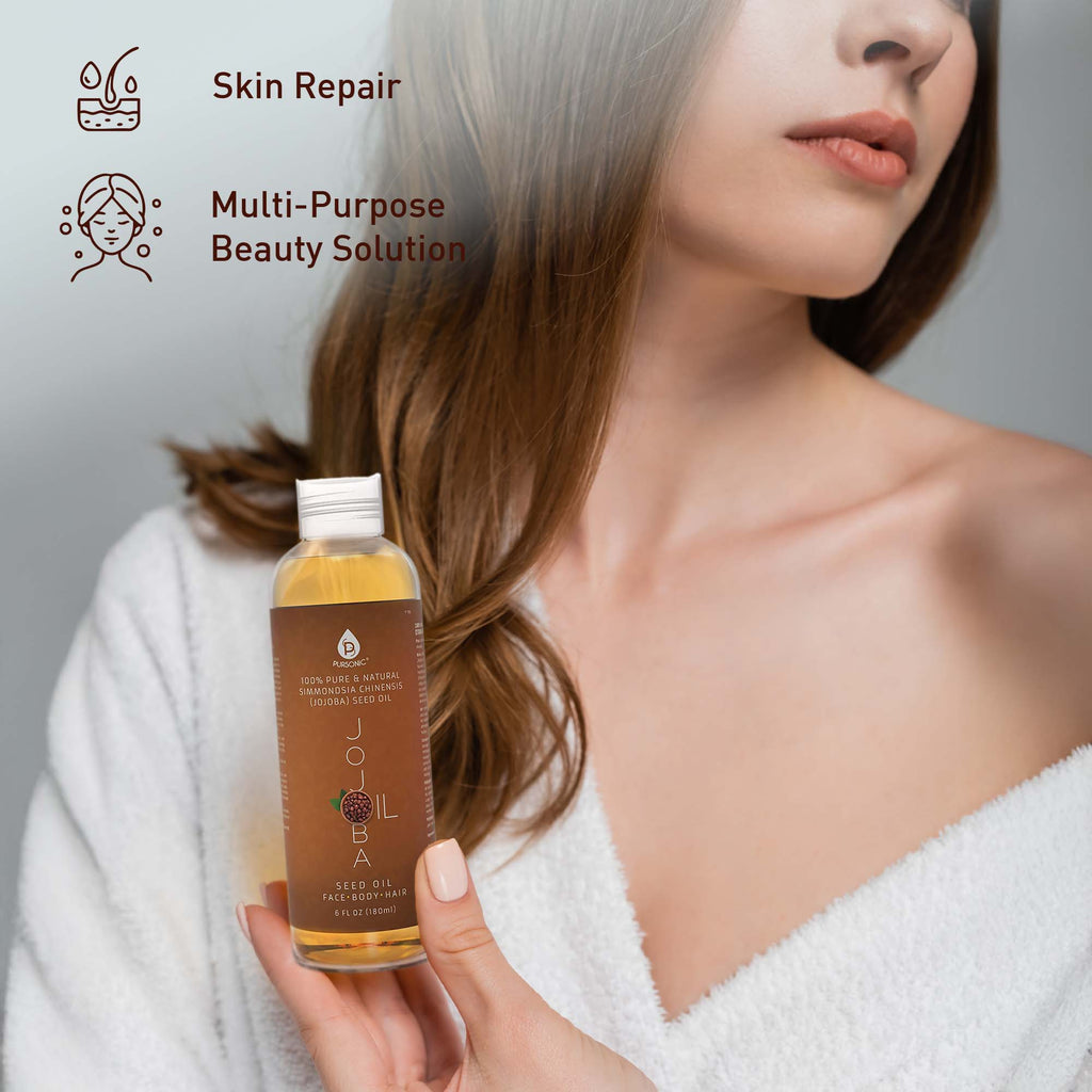 Beauty Bundle | Golden Jojoba Oil 6 oz + Lotus Wood Bath Brush & Rubber Massager | Cold-Pressed & Pure | Pursonic