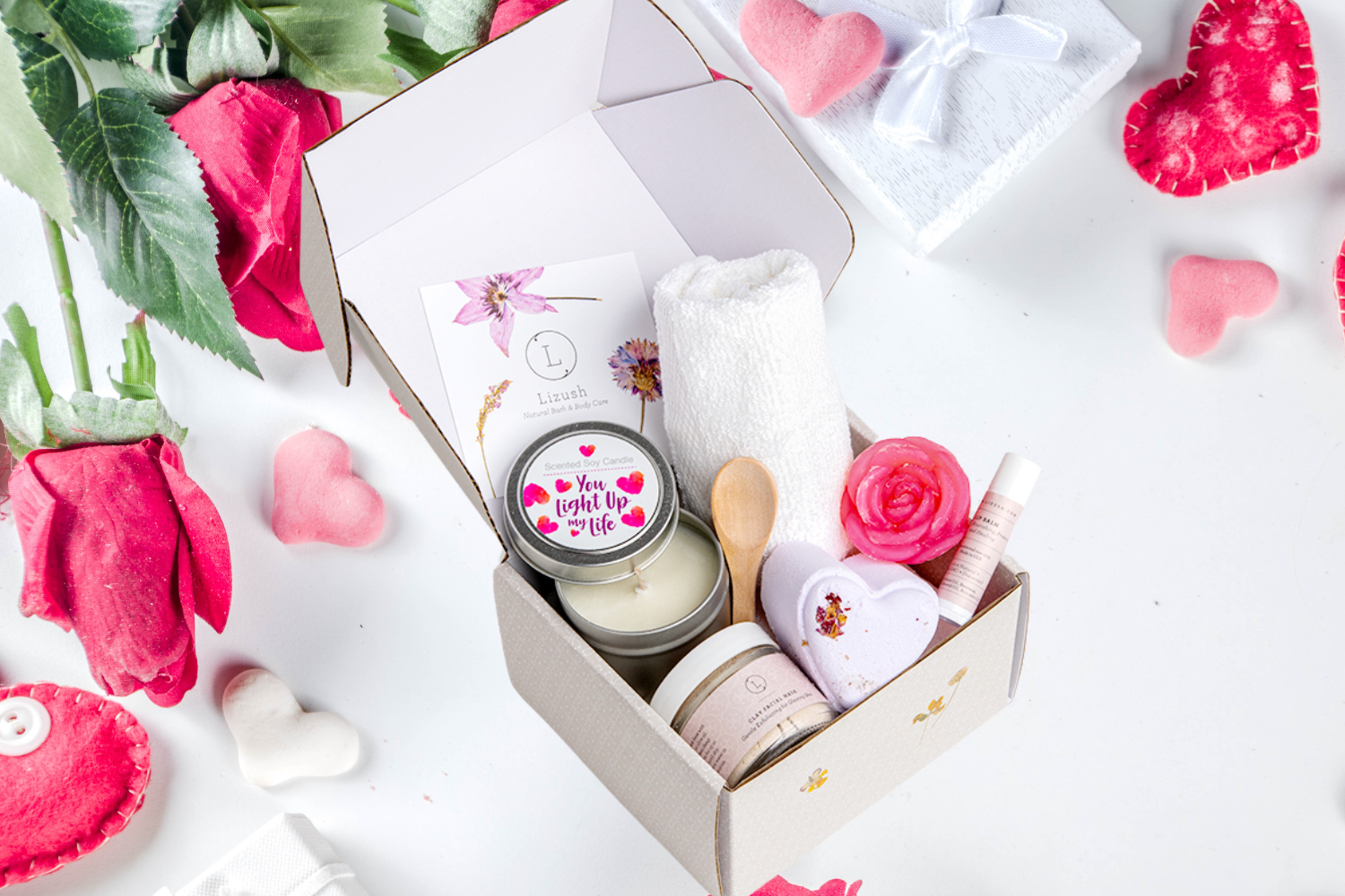 LOVE Special Gift Box | 7-Piece Natural Lavender Spa Set | Clay Mask, Candle, Flower Soap & More | Personalized | Lizush