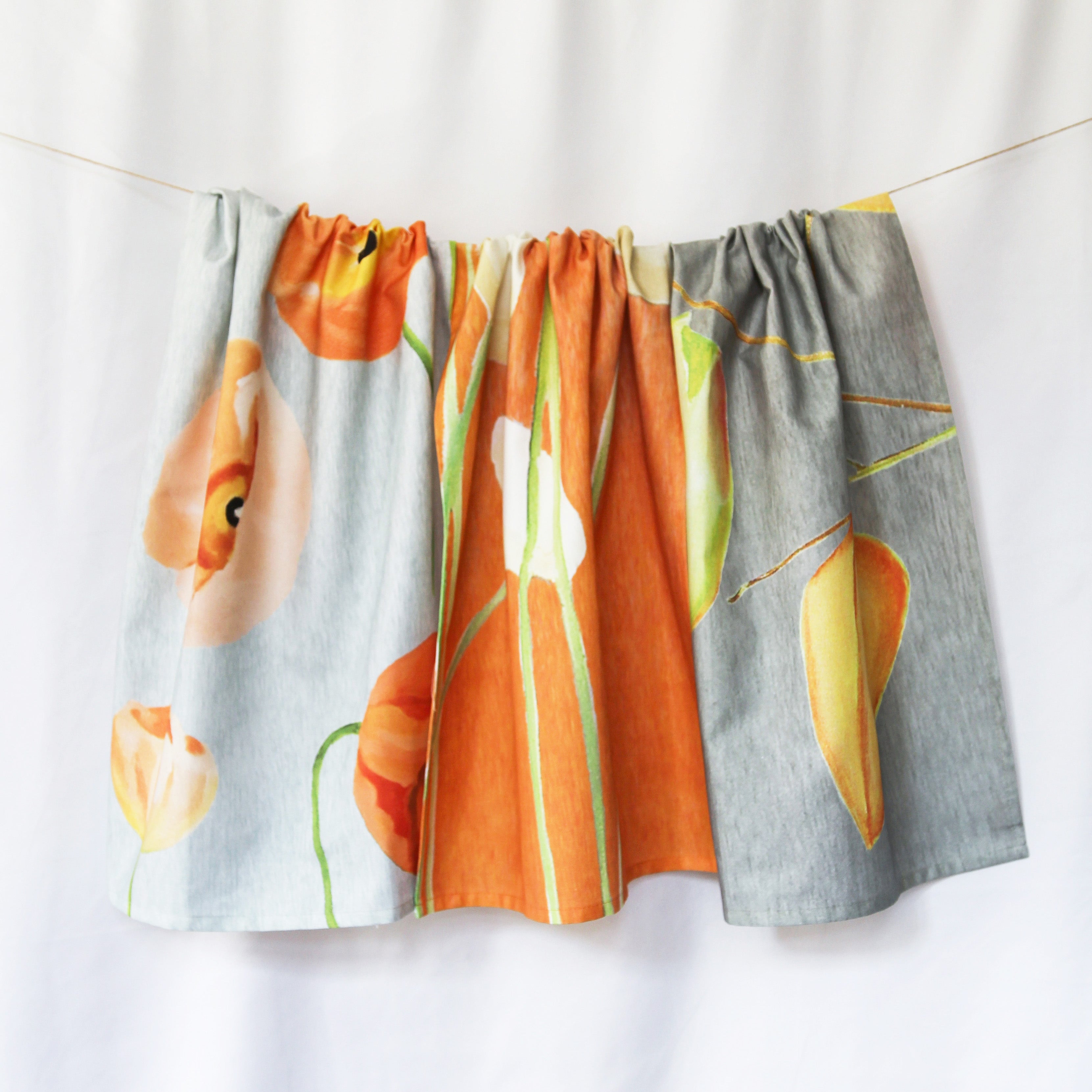 Peach Poppies on Grey Tea Towel | 100% Cotton | Made in the UK | India & Purry by Jessica Hollander