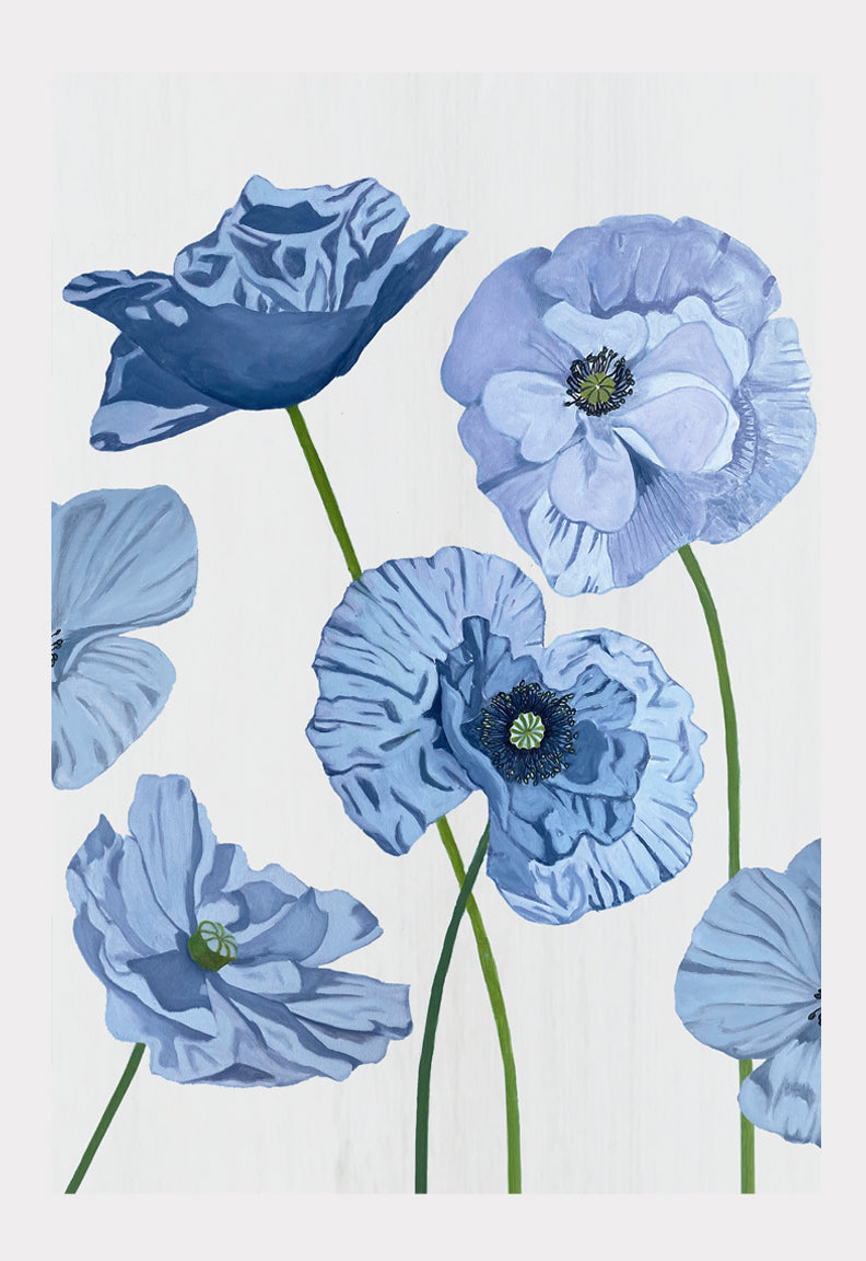 Blue Poppies on Pale Grey – Signed Oil Painting Art Print
