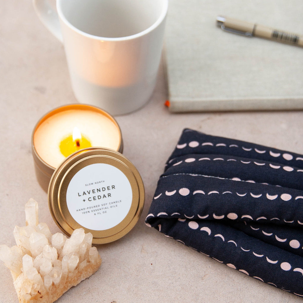 Lavender & Cedar Soy Candle | 100% Essential Oils | Non-Toxic | Cotton Wick | Reusable Brushed Gold Tin | 20-Hour Burn | Slow North