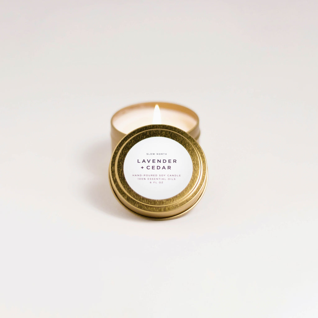 Lavender & Cedar Soy Candle | 100% Essential Oils | Non-Toxic | Cotton Wick | Reusable Brushed Gold Tin | 20-Hour Burn | Slow North