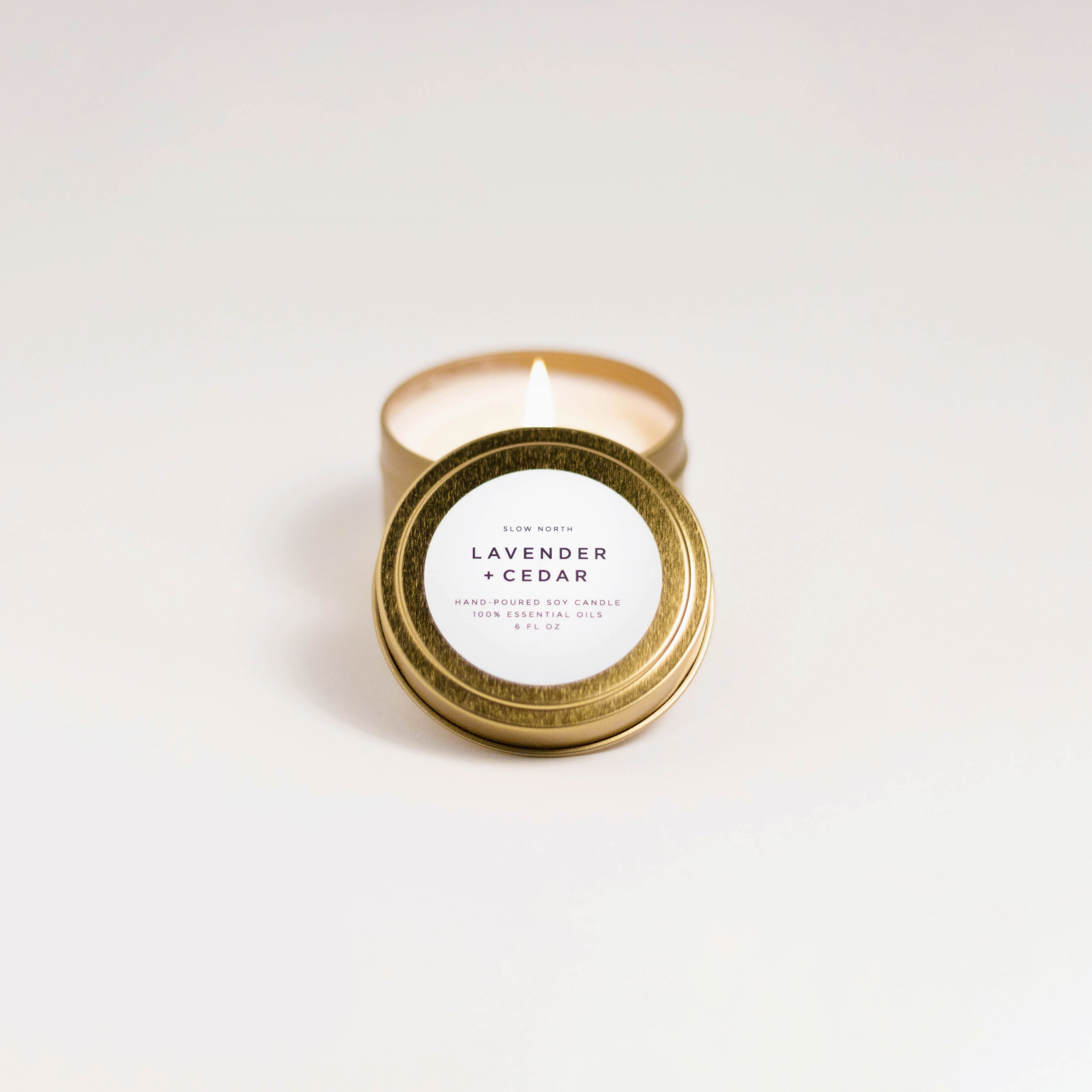 Lavender & Cedar Soy Candle | 100% Essential Oils | Non-Toxic | Cotton Wick | Reusable Brushed Gold Tin | 20-Hour Burn | Slow North