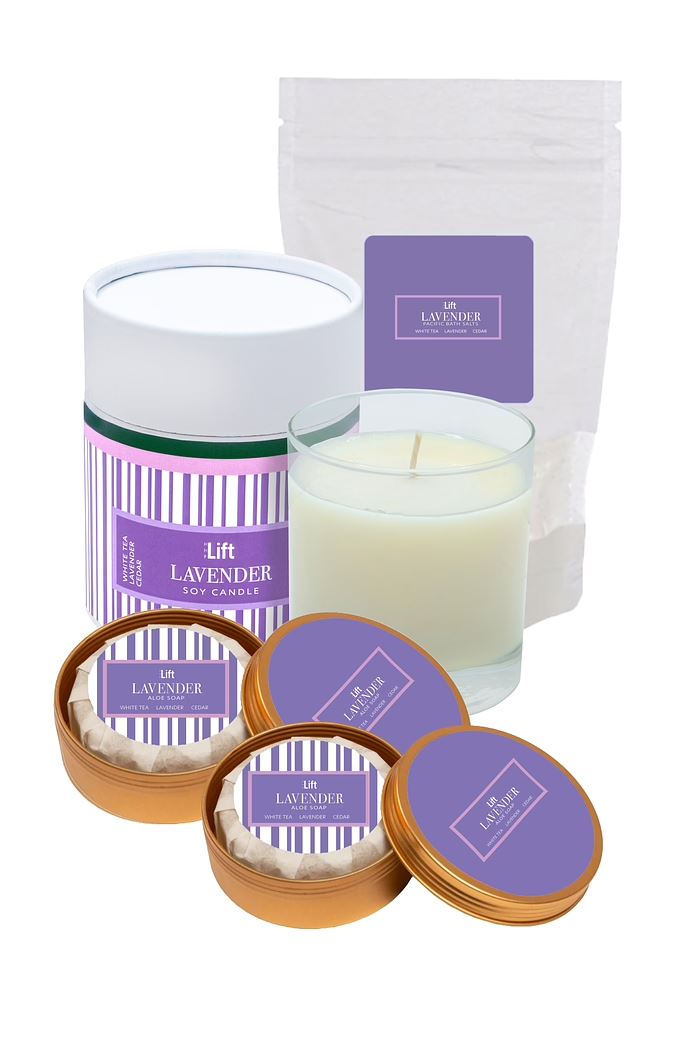 Spa Day Set | Lavender | Soy Candle, Aloe Soaps & Soaking Salts | White Tea, Lavender & Cedar | LiftWorks | HHPLIFT