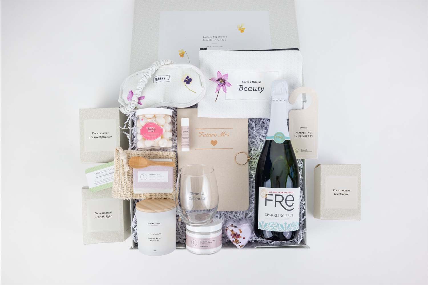 Ultimate Bride to Be Gift Box | 15-Piece Luxury Bridal Spa Set | Champagne, Wine Glass, Journal & More | Personalized | Lizush