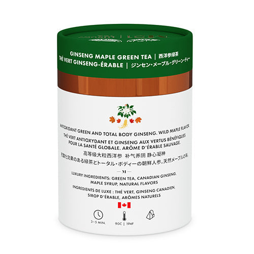 Maple Ginseng Luxury Green Tea | Canadian Ginseng & Wild Maple | Low Caffeine | 12 Compostable Pyramid Bags | Made in Canada | M21