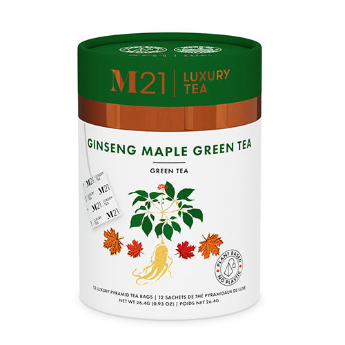 Maple Ginseng Luxury Green Tea | Canadian Ginseng & Wild Maple | Low Caffeine | 12 Compostable Pyramid Bags | Made in Canada | M21